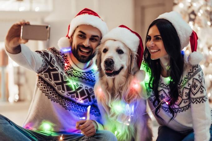 gelukkig stel met hond labrador retriever wachtend op het nieuwe jaar