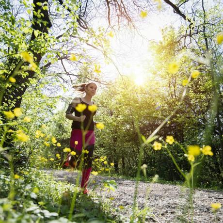 jonge sportieve vrouw joggen door het bos