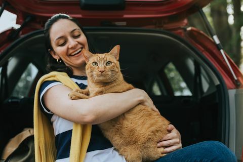 vrouw met kat in auto