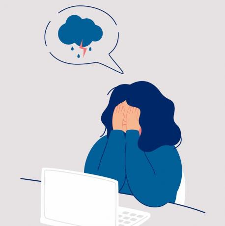 Jonge vrouw huilt voor haar gezicht met haar handen zittend onder regenachtige en stormachtige wolk meisje voelt hoofdpijn en depressie huilende emoties verdriet vectorillustratie geïsoleerd van witte achtergrond