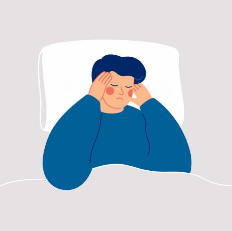 man lijdt aan slapeloosheid en had moeite om in slaap te vallen jongen heeft hoofdpijn tijdens de nacht slaperige man ligt op bed en raakt zijn slaap aan slapeloosheid en slaapproblemen vector illus