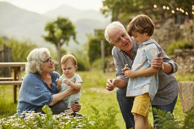 grootouders praten met twee jonge kinderen in de tuin met bergen en huis op de achtergrond