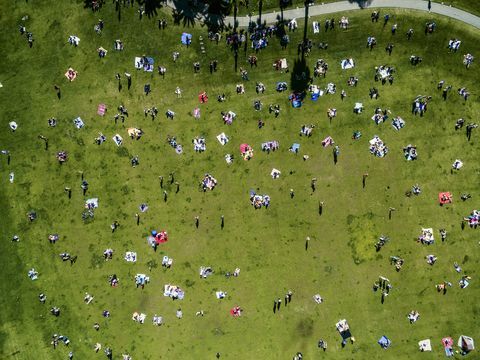 Bovenaanzicht van mensen in een stadspark op een zomerdag, zittend, staand, op picknickkleden.
