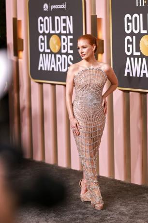 Jessica Chastain woont de 80e jaarlijkse Golden Globe Awards bij in het Beverly Hilton