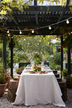 buiten dineren in de tuin met slingerlichtdak