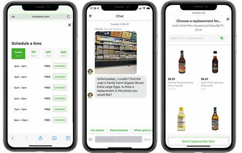 drie telefoons met instacart-app-levertijden, communicatie met shopper en vervangend ingrediënt