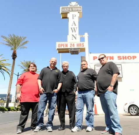 De cast van Pawn Stars op het History Channel. 