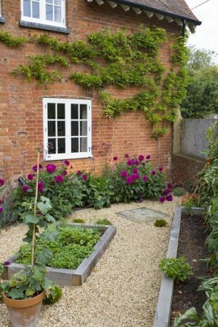 kleine Engelse binnentuin in het VK met eiken verhoogde bedden, grind en een Victoriaans huis