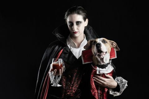 jonge vrouw met een glas rode drank en haar puppy verkleed in hetzelfde dracula-kostuum