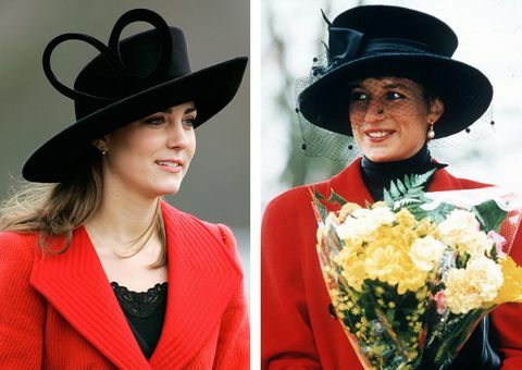 bestand foto in deze foto samengestelde afbeelding er is een vergelijking gemaakt tussen, left Surrey, Engeland 15 december Kate Middleton, Prince Williams vriendin, aanwezig de soevereinen parade op de militaire academie van Sandhurst om de flauwvallende parade te zien op 15 december 2006 in Surrey, Engeland foto door tim graham fotobibliotheek via getty images and right sandringham, verenigd koninkrijk 25 december prinses diana in sandringham op eerste kerstdag de prinses draagt ​​een rode jas en een brede zwarte hoed met rand ze draagt ​​een boeket bloemen foto door tim graham fotobibliotheekgetty images kate middleton viert haar 26e verjaardag op 9 januari 2008