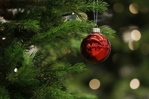 Een kerstbal hangt aan een boom
