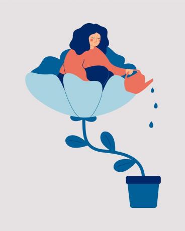 Een gelukkige vrouw zit in de bloem en geeft het water. Glimlachend meisje geeft om zichzelf en haar toekomstige concept van jezelf liefhebben en een gezonde levensstijl vectorillustratie