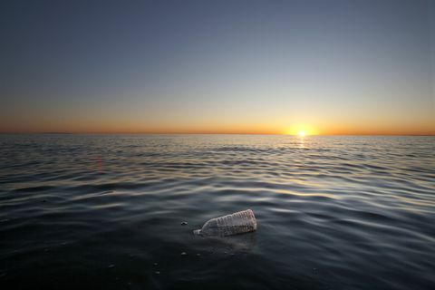 Plastic waterfles die in de Stille Oceaan, Santa Monica, Californië, de VS drijft