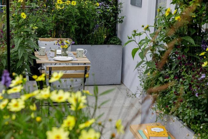 de landvorm balkontuin ontworpen door nicola hale tijdens de rhs chelsea flower show 2021