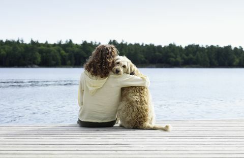 Vrouwenzitting met hond op pier, achtermening