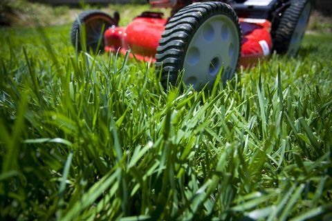 Het gras maaien: Ondiepe scherptediepte opname van de voorkant van een grasmaaier op een onhandelbaar gazon.