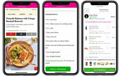 drie telefoons met een recept, instacart-knop en de instacart-pagina met ingrediënten