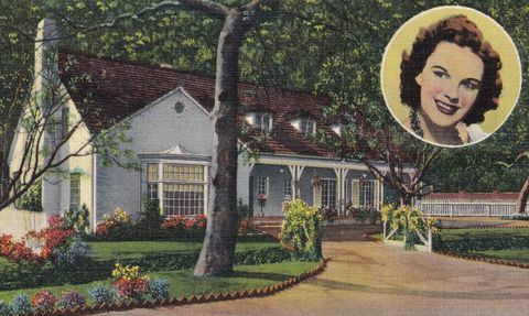 vintage souvenir ansichtkaart, judy garland's bel air home, filmster huizen serie, ca 1938