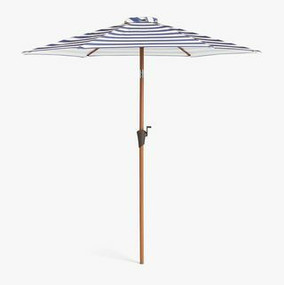 Opwindbare gestreepte parasol met houteffect, 2,7 m, marinewit