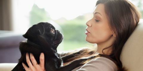 Vrouw het ontspannen met hond op bank