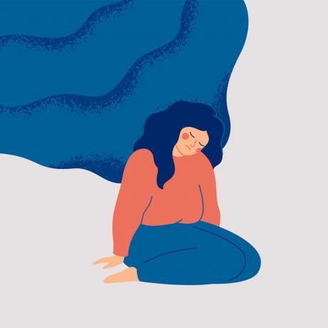 vermoeide vrouw weerstaat niet de mentale problemen die over haar uitgeputte meisje hangen worstelt niet met levensmoeilijkheden burn-out en depressie concept vectorillustratie