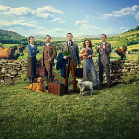 van links naar rechts mevrouw Hall anna madeley, siegfried farnon samuel west, james herriot nicholas ralph, helen alderson gespeeld door rachel shenton en tristan farnon callum woodhouse