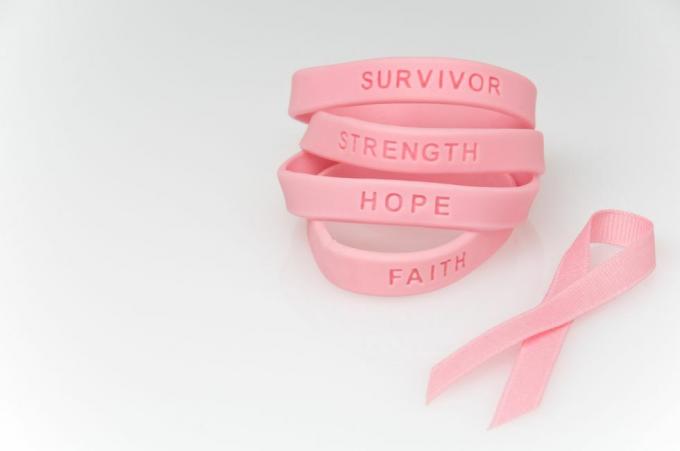 stapel roze rubberen armbanden met de tekst overlevende, kracht, hoop, geloof en roze lint ernaast